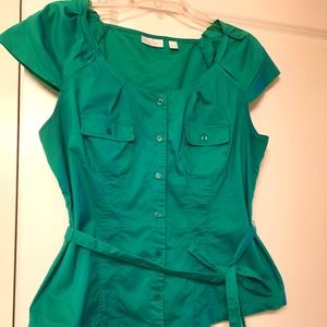 Teal Green Cap Sleeve Button Up Blouse With Sash